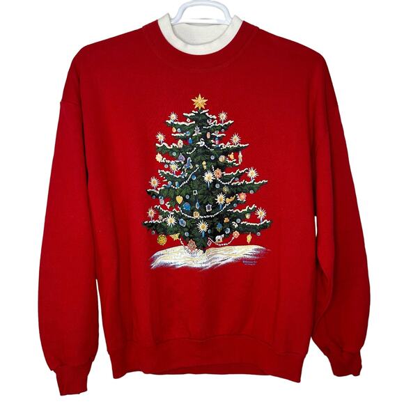 Vintage Jerzees Women's XL Christmas Tree Holiday Sweatshirt Red USA Made - Picture 1 of 7
